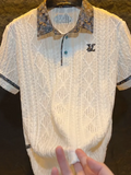 White Mesh Knit Polo Shirt with Monogram Collar